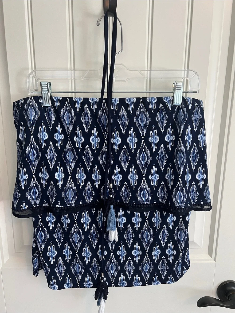 White House Black Market Navy and Light Blue Off-Shoulder Tassel Top